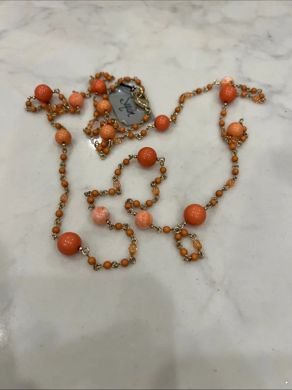 Sequin Hearts Coral-Orange Beaded Station Necklace